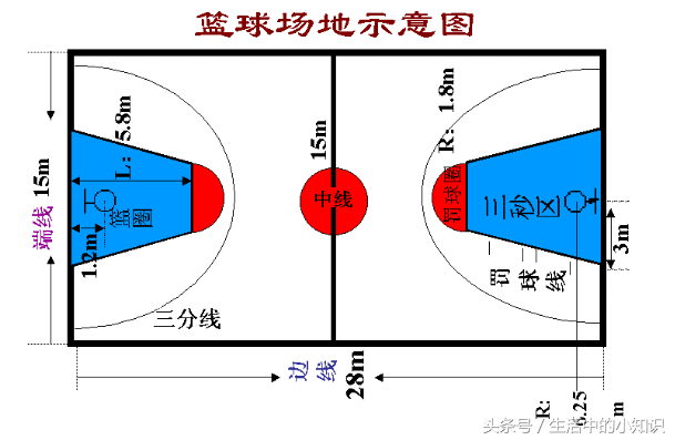 国际篮球场的标准尺寸及示意图