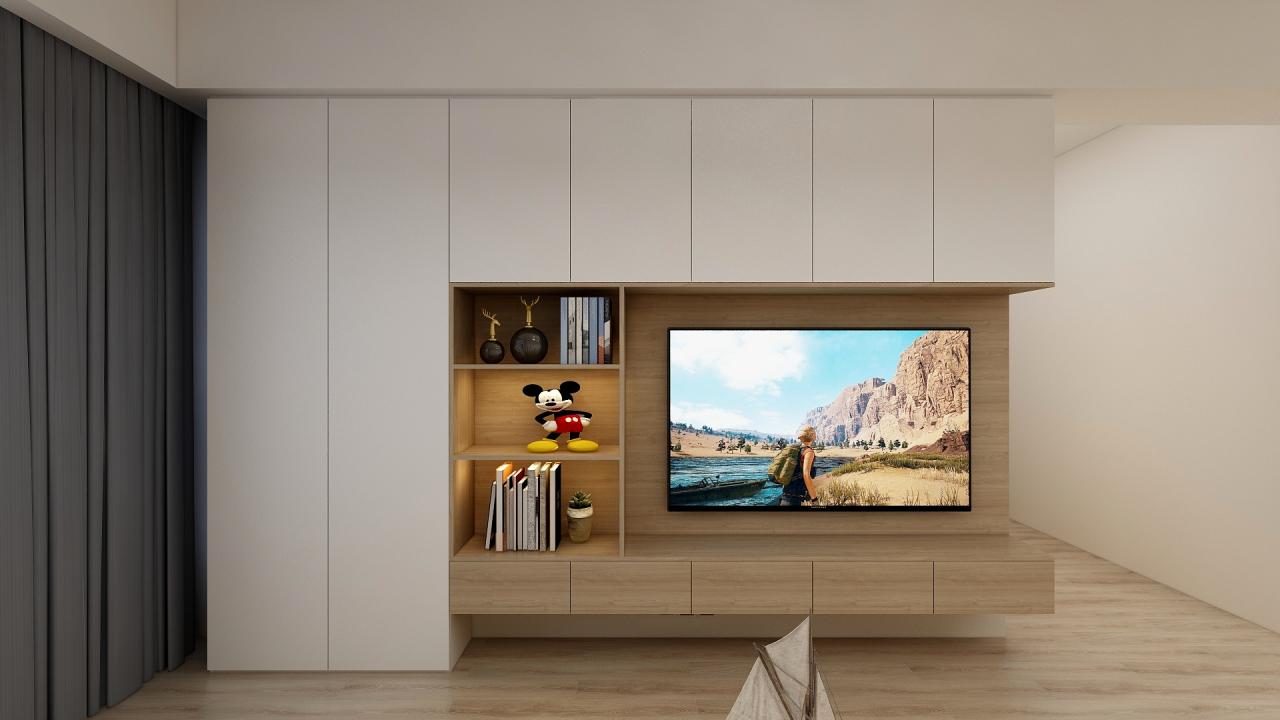 房子装修，客厅一整面墙电视柜设计，好看实用